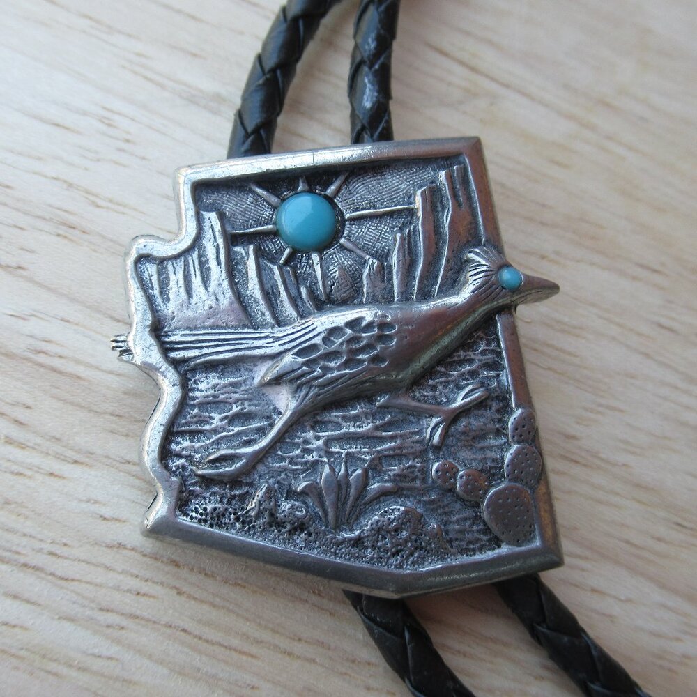 Faux Turquoise and Silver Tone metal with Sun and Bird Bolo Tie 34" length